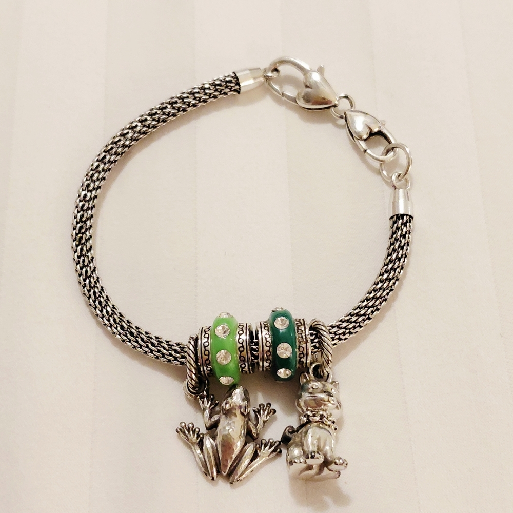 Brighton Beverly Charm Bracelet with Frog and Cat Charms Green Beads